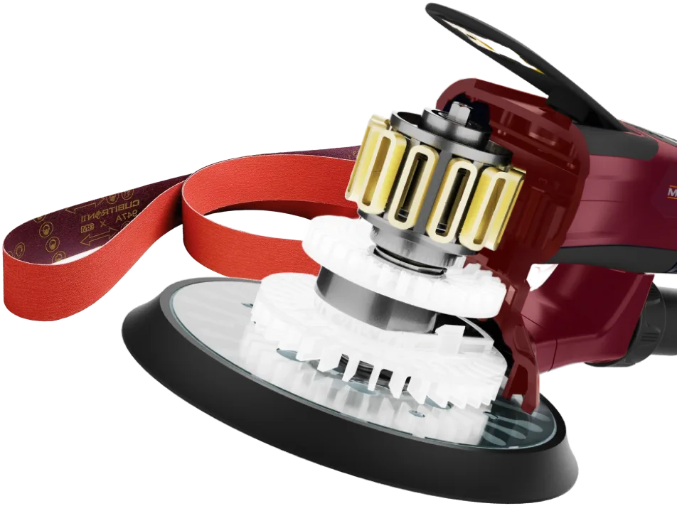 Random orbital sander with an abrasive belt — the consumables Abraziv Expert sells